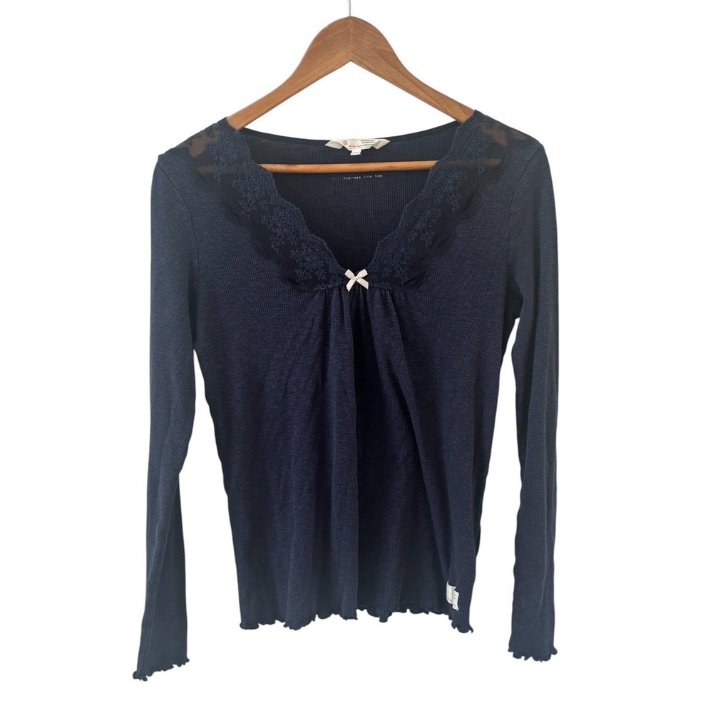 Odd Molly‎ Lace Trim Top Womens Size 2/M Navy Blue Feminine Y2K V Neck